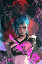 Rule 34 | 2girls, absurdres, arcane: league of legends, arcane jinx, arcane vi, arm tattoo, bare shoulders, black gloves, blue eyes, blue hair, blue lips, blue nails, character name, closed mouth, crack, cracked glass, english text, fingerless gloves, fingernails, glass, gloves, highres, jinx (league of legends), kurikabacha, league of legends, long fingernails, long hair, mirror, multiple girls, nail polish, navel, paint, paint splatter, paint splatter on face, pink eyes, red hair, shaded face, sketch, sleeves rolled up, stomach tattoo, tattoo, twintails, vi (league of legends)