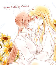 Rule 34 | 00s, 2girls, bad id, bad pixiv id, blonde hair, brown hair, collared shirt, english text, closed eyes, face-to-face, fate testarossa, flower, forehead-to-forehead, happy, heads together, hug, long hair, looking at another, lyrical nanoha, mahou shoujo lyrical nanoha, mahou shoujo lyrical nanoha strikers, multiple girls, ponytail, red eyes, shirt, smile, sunflower, takamachi nanoha, very long hair, white background, white shirt, xuan, yuri