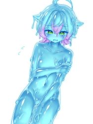 Rule 34 | 1girl, ahoge, blue hair, blush, collarbone, commission, completely nude, curss, green eyes, looking away, looking down, monster girl, navel, nude, open mouth, original, pink hair, short hair, skeb commission, slime girl, solo