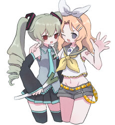 Rule 34 | 2girls, anchovy (girls und panzer), black skirt, black thighhighs, blonde hair, blue eyes, blue necktie, brown eyes, cosplay, crop top, detached sleeves, drill hair, food, girls und panzer, green hair, grey shorts, hair ornament, hairband, hairclip, hatsune miku, hatsune miku (cosplay), holding, holding food, kagamine rin, kagamine rin (cosplay), kay (girls und panzer), long sleeves, looking at viewer, multiple girls, navel, necktie, one eye closed, pleated skirt, ri (qrcode), short shorts, shorts, skirt, spring onion, thighhighs, twin drills
