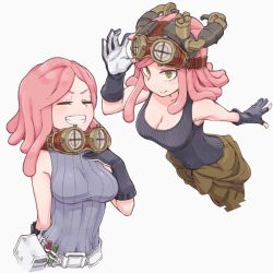 Rule 34 | 10s, 1girl, bare shoulders, black gloves, blush, boku no hero academia, breasts, cleavage, clothes around waist, covered navel, closed eyes, gloves, goggles, goggles on head, hand on headwear, hatsume mei, large breasts, medium hair, mochi444420, mochi (mochi444420), pink hair, simple background, sleeveless, smile, solo, symbol-shaped pupils, tank top, teeth, upper body, white background, yellow eyes