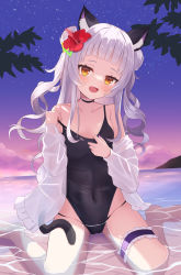 Rule 34 | 1girl, :d, absurdres, animal ear fluff, animal ears, bare shoulders, blue one-piece swimsuit, blunt bangs, breasts, bridal garter, cameltoe, cat ears, commentary, covered navel, evening, fang, flower, hair flower, hair ornament, head tilt, hibiscus, highres, hololive, in water, light purple hair, long hair, looking at viewer, murasaki shion, ocean, one-piece swimsuit, open clothes, open mouth, open shirt, saki (saki paint), see-through, see-through shirt, shirt, sitting, sky, small breasts, smile, solo, star (sky), starry sky, strap slip, sunset, swimsuit, virtual youtuber, wariza, wavy hair, white shirt, yellow eyes