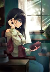 Rule 34 | 1girl, bare shoulders, black hair, blue eyes, blue skirt, book, book stack, breasts, chair, commentary request, cup, grey hairband, hairband, highres, holding, holding book, idolmaster, idolmaster cinderella girls, indoors, large breasts, long hair, off-shoulder sweater, off shoulder, on chair, plant, potted plant, reading, red shawl, ribbed sweater, ryuu., sagisawa fumika, shawl, sitting, skirt, solo, sunlight, sweater, table, white sweater, window