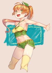 Rule 34 | 1girl, blonde hair, female focus, green eyes, highres, midriff, mitake eil, multicolored hair, navel, open mouth, orange hair, original, outstretched arms, ponytail, short shorts, shorts, solo, spread arms, thighhighs, yellow thighhighs