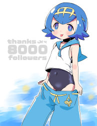 Rule 34 | 1girl, black one-piece swimsuit, blue background, blue eyes, blue hair, blue pants, blue sailor collar, blush, bob cut, bright pupils, child, closed mouth, clothes pull, collarbone, creatures (company), crop top, english text, female focus, flat chest, game freak, gradient background, hairband, happy, highres, lana (pokemon), lemon pan, looking at viewer, matching hair/eyes, milestone celebration, nintendo, one-piece swimsuit, outline, pants, pants pull, pokemon, pokemon sm, pulled by self, sailor collar, shiny clothes, shirt, short hair, sidelocks, simple background, sleeveless, sleeveless shirt, smile, solo, swimsuit, swimsuit under clothes, thank you, tongue, tongue out, white background, white outline, white pupils, white shirt, yellow hairband