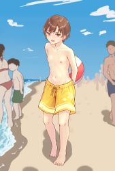 Rule 34 | 1girl, androgynous, ball, barefoot, beach, beachball, blue sky, breasts, brown eyes, brown hair, collarbone, commentary, crossdressing, crowd, drawstring, fang, female focus, full body, highres, holding, holding ball, looking at viewer, male swimwear, male swimwear challenge, navel, nipples, ocean, open mouth, original, outdoors, print male swimwear, print swim trunks, print swimsuit, raised eyebrows, short hair, sky, small breasts, smile, solo focus, standing, star (symbol), star print, stomach, swim trunks, swimsuit, teiku (tokagezaurusu), topless, worried, yellow male swimwear, yellow swim trunks