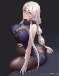 Rule 34 | 1girl, artist name, ass, atelier (series), atelier ryza, atelier ryza 1, aztodio, bare shoulders, black bodysuit, blue eyes, blue scarf, bodysuit, breasts, cleavage, elbow gloves, feather trim, from side, gloves, hair between eyes, hand on own knee, heterochromia, highres, large breasts, lila decyrus, looking at viewer, looking to the side, multi-tied hair, parted lips, pink eyes, pink lips, scarf, silver hair, sitting, skin tight, solo, twisted torso, watermark, web address, white gloves