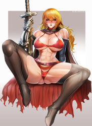 Rule 34 | 1girl, abs, badcompzero, bare shoulders, belt, blonde hair, blush, breasts, chaps, cleavage, detached sleeves, gauntlets, green eyes, highres, holding, holding sword, holding weapon, large breasts, long hair, muscular, muscular female, solo, strapless, sword, the vagrant, underwear, vivian (the vagrant), weapon, white background