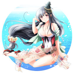 Rule 34 | 10s, 1girl, araragi uminya, bare shoulders, black hair, collarbone, covered navel, flower, fusou (kancolle), hair flower, hair ornament, headgear, kantai collection, long hair, looking at viewer, low-tied long hair, one-piece swimsuit, red eyes, sandals, sarong, shawl, sitting, smile, solo, swimsuit, very long hair, yokozuwari