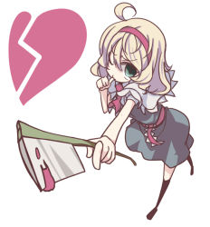 Rule 34 | 1girl, ahoge, alice margatroid, axe, blonde hair, blood, broken heart, cleaver, dress, female focus, foreshortening, green eyes, hairband, heart, monomi, no nose, one eye closed, short hair, simple background, solo, thumb sucking, touhou, weapon, wink, yandere