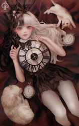 Rule 34 | 1girl, analog clock, bare arms, bare shoulders, black bow, black hair, black skirt, blue eyes, bow, cat, clock, dog, earrings, eyebrows hidden by hair, feet out of frame, frilled shirt, frills, hair bow, hairband, hands up, highres, jewelry, lips, long hair, looking at viewer, lying, making-of available, multicolored hair, nose, original, parted lips, pocket watch, realistic, red lips, shal.e, shirt, skirt, sleeveless, sleeveless shirt, solo, split-color hair, thighhighs, two-tone hair, watch, watermark, web address, white hair, white shirt, white thighhighs