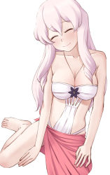 Rule 34 | 1girl, bare shoulders, barefoot, between breasts, breasts, cleavage, covered navel, easy (aqk7bdqt), closed eyes, facing viewer, hair between eyes, jewelry, kaori (tokedase! mizorechan), light purple hair, long hair, medium breasts, necklace, sarong, simple background, sitting, smile, solo, tokedase! mizorechan, white background