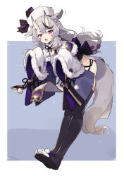 Rule 34 | 1girl, :d, animal ears, black footwear, black hair, black ribbon, boots, ear wiggle, fang, full body, fur hat, fur trim, grey hair, groin, hair between eyes, hat, hat ribbon, head tilt, highres, horns, japanese clothes, kemonomimi mode, leaning forward, long hair, long sleeves, looking at viewer, mole, mole under mouth, motion lines, multicolored hair, nijisanji, obi, open mouth, pink eyes, pointy ears, ribbon, rindou mikoto, sash, sh (shinh), sidelocks, skin-covered horns, sleeves past wrists, smile, solo, streaked hair, tail, thick eyebrows, thigh boots, thighhighs, thighs, virtual youtuber, white hat, wide sleeves