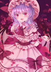Rule 34 | 1girl, :3, :d, ascot, back bow, bat wings, blush, bow, brooch, center frills, dress, embellished costume, fang, frilled dress, frilled shirt collar, frilled sleeves, frills, hand up, hat, hat ribbon, jaku sono, jewelry, long sleeves, looking at viewer, magenta eyes, medium hair, mob cap, open mouth, petals, pink dress, pink hat, puffy short sleeves, puffy sleeves, purple ascot, purple background, purple bow, purple hair, purple ribbon, red eyes, remilia scarlet, ribbon, rose petals, sash, short sleeves, smile, solo, touhou, wings, wrist cuffs