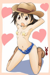 Rule 34 | 10s, 2girls, animal ears, armpits, arms behind head, arms up, bandaid, bandaid on face, black hair, boots, brave witches, brown eyes, cowboy, cowboy boots, cowboy hat, cowboy western, cutoffs, denim, denim shorts, fang, full body, hat, heart, kanno naoe, kneeling, multiple girls, navel, open fly, open mouth, panties, panty peek, pasties, rabbit girl, shimohara sadako, short shorts, shorts, solo, star (symbol), star pasties, strike witches, takanaga kouhei, unbuttoned, underwear, western, world witches series