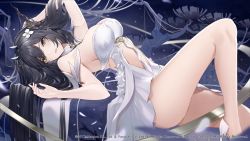 Rule 34 | 1girl, antlers, arms up, azur lane, bare legs, bare shoulders, breasts, cleavage, dress, feet out of frame, flower, green eyes, hair flower, hair ornament, high heels, horns, indomitable (azur lane), large breasts, long hair, looking at viewer, lying, marumoru, official art, on back, parted lips, revealing clothes, sidelocks, solo, thighs, very long hair, white dress, white flower, white footwear