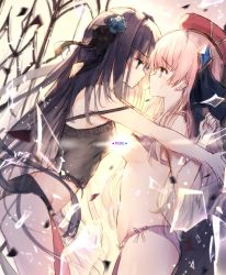 Rule 34 | 2girls, absurdres, after kiss, arcaea, bad id, bad twitter id, bare arms, bare shoulders, black bow, black camisole, black eyes, black hair, black panties, blue flower, blue rose, blush, bow, bra, bra lift, breast press, breasts, camisole, censored, commentary, crying, crying with eyes open, eye contact, flower, hair between eyes, hair bow, hair flower, hair ornament, hat, highres, hikari (arcaea), long hair, looking at another, medium breasts, multiple girls, nose blush, outstretched arms, panties, pink bra, pink hair, pink panties, profile, red eyes, red headwear, rose, saliva, saliva trail, see-through, symmetrical docking, tairitsu (arcaea), tandohark, tears, tongue, tongue out, underwear, underwear only, very long hair, yuri