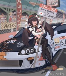 Rule 34 | 1girl, absurdres, alice margatroid, bikini, bird wings, black hair, black wings, blush, brand name imitation, breasts, car, checkered flag, cleavage, duhota, flag, fumo (doll), geta, gloves, hat, highleg, highleg bikini, highres, jacket, japanese flag, large breasts, leaf print, looking at viewer, microskirt, midriff, motor vehicle, motul (company), navel, neck ribbon, nikon (company), nitrous oxide systems, one eye closed, open mouth, pointy ears, pom pom (clothes), power item (touhou), puffy short sleeves, puffy sleeves, race queen, race vehicle, racecar, red eyes, red hat, ribbon, shameimaru aya, short hair, short sleeves, sitting on car, skirt, smile, solo, sports car, swimsuit, tengu-geta, tokin hat, touhou, toyota, toyota supra, toyota supra mk iv, wings