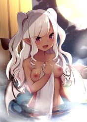 Rule 34 | 1girl, :d, blush, bow, breasts, collarbone, dark-skinned female, dark skin, demon girl, demon tail, demon wings, fang, full moon, hair bow, long hair, looking at viewer, medium breasts, moon, night, nipples, nude, onsen, open mouth, original, partially submerged, pointy ears, purple eyes, revision, sei000, sidelocks, sky, smile, solo, star (sky), starry sky, steam, tail, towel, two side up, water, wet, white hair, wings
