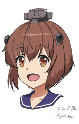 Rule 34 | 1girl, blue sailor collar, brown eyes, brown hair, highres, kantai collection, kantai collection (anime), one-hour drawing challenge, open mouth, round teeth, sailor collar, short hair, simple background, smile, solo, speaking tube headset, teeth, twitter username, upper body, upper teeth only, white background, yuki 4040, yukikaze (kancolle)