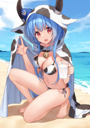 Rule 34 | 1girl, :d, animal ears, animal hood, animal print, barefoot, beach, bell, bikini, bison cangshu, blue hair, breasts, cleavage, cow ears, cow hood, cow horns, cow print, cup, day, drinking glass, fake animal ears, fake horns, front-tie bikini top, front-tie top, holding, hood, hoodie, horns, jingle bell, long hair, looking at viewer, medium breasts, milk, navel, on one knee, open mouth, outdoors, quincy (warship girls r), red eyes, side-tie bikini bottom, smile, solo, stomach, string bikini, swimsuit, thighs, very long hair, warship girls r, water, white bikini
