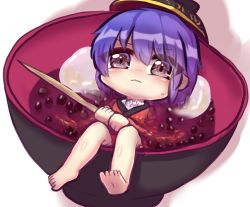 Rule 34 | 1girl, bowl, bowl hat, closed mouth, food, hat, holding, holding needle, in bowl, in container, japanese clothes, kimono, long sleeves, mini person, minigirl, needle, one-hour drawing challenge, purple eyes, purple hair, red kimono, short hair, simple background, solo, soup, sukuna shinmyoumaru, sweat, touhou, unime seaflower, white background