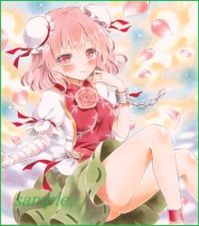 Rule 34 | 1girl, ankle ribbon, bad id, bad pixiv id, bandaged arm, bandages, bare legs, blush, border, chain, colored pencil (medium), cuffs, double bun, flower, gradient background, hair bun, hand on own shoulder, ibaraki kasen, leg ribbon, light smile, looking at viewer, marker (medium), petals, pink eyes, pink flower, pink hair, pink rose, potto, potto (minntochan), puffy short sleeves, puffy sleeves, ribbon, rose, sample watermark, shackles, short hair, short sleeves, sitting, skirt, solo, tabard, touhou, traditional media, watermark