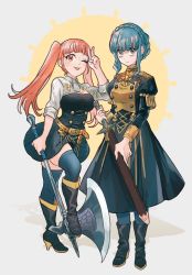 Rule 34 | 2girls, axe, belt, blue hair, blue pantyhose, blue thighhighs, blunt bangs, boots, braid, closed mouth, crown braid, epaulettes, female focus, fire emblem, fire emblem: three houses, full body, garreg mach monastery uniform, high heel boots, high heels, highres, hilda valentine goneril, holding, holding axe, holding sword, holding weapon, long hair, long sleeves, marianne von edmund, matching hair/eyes, mcrmc, multiple girls, nintendo, one eye closed, pantyhose, pink eyes, pink hair, scabbard, sheath, sheathed, short sleeves, sleeves rolled up, standing, sword, thighhighs, tongue, tongue out, twintails, uniform, v, weapon, zettai ryouiki
