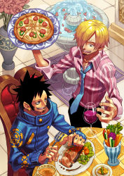 Rule 34 | 2boys, alcohol, beard, black hair, blonde hair, cup, drinking glass, earrings, eating, facial hair, fish, flower, food, fork, fountain, hair over one eye, highres, jewelry, keiko rin, long sideburns, male focus, multiple boys, necktie, one piece, pizza, plate, sanji (one piece), shirt, short hair, sideburns, sitting, soup, striped clothes, striped shirt, tattoo, trafalgar law, tray, vase, vegetable, wine, wine glass
