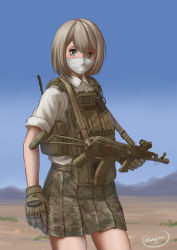 Rule 34 | 1girl, absurdres, ak-74, akm, assault rifle, camouflage, camouflage skirt, commentary, cowboy shot, desert, gloves, grey eyes, gun, gun sling, highres, hill, kalashnikov rifle, load bearing vest, looking at viewer, mardjan, mask, military, mouth mask, original, pleated skirt, rifle, short hair, signature, silver hair, skirt, sky, sleeves rolled up, soldier, solo, walkie-talkie, weapon
