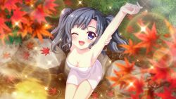 Rule 34 | 1girl, arm behind head, arm up, armpits, autumn leaves, black hair, blue eyes, breasts, cleavage, collarbone, dot nose, film grain, from above, game cg, itsumura yukari, izumi tsubasu, lens flare, looking at viewer, medium breasts, medium hair, naked towel, non-web source, official art, one eye closed, onsen, open mouth, outdoors, re:stage!, rock, sitting, smile, solo, sparkle, stretching, towel, twintails, white towel