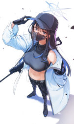 Rule 34 | 1girl, absurdres, arm up, armband, assault rifle, baseball cap, belt, black belt, black footwear, black gloves, black hair, black hat, black mask, black pants, black shirt, blue archive, blue eyes, boots, breasts, buckle, chest harness, coat, commentary, crop top, cross-laced footwear, full body, gloves, groin, gun, hair between eyes, halo, hand in pocket, harness, hat, highres, holding, holding clothes, holding hat, knee boots, lace-up boots, large breasts, long hair, looking at viewer, lownd, mask, midriff, mouth mask, navel, off shoulder, pants, rifle, saori (blue archive), shadow, shirt, sidelocks, sig 516, sig sauer, simple background, single bare shoulder, sleeveless, sleeveless shirt, snap-fit buckle, solo, standing, taut clothes, taut shirt, underbust, weapon, white background, white coat