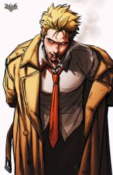 Rule 34 | 1boy, bags under eyes, beard stubble, blonde hair, brown coat, cigarette, coat, collared shirt, commentary, constantine, facial hair, feet out of frame, highres, john constantine, l.r.silva, leaning forward, male focus, necktie, pectorals, red necktie, seductive smile, shirt, short hair, smile, smoking, solo, standing, stubble, symbol-only commentary, thick eyebrows, trench coat, white shirt
