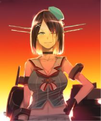 Rule 34 | 1girl, attyon, black gloves, blood, blood on clothes, blood on face, blue eyes, breasts, brown hair, choker, cleavage, gloves, hair ornament, hand on own hip, hat, headgear, kantai collection, large breasts, maya (kancolle), maya kai ni (kancolle), navel, one eye closed, rigging, short hair, skirt, sleeveless, smile, solo, upper body, x hair ornament