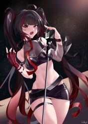 Rule 34 | 1girl, absurdres, ahoge, artist name, bare shoulders, black hair, black skirt, breasts, cleavage, collarbone, crop top, detached sleeves, fingerless gloves, gloves, gradient hair, highres, kero (vtuber), kero official, large breasts, lc angel, long hair, microphone, microphone stand, midriff, multicolored hair, nail polish, navel, nijisanji, open mouth, red eyes, red gloves, red hair, see-through, see-through cleavage, see-through sleeves, single detached sleeve, single glove, skirt, sleeveless, solo, stomach, streaked hair, thigh strap, twintails, virtual youtuber, virtuareal