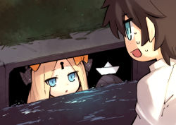 Rule 34 | 1boy, 1girl, abigail williams (fate), alphy, black bow, blonde hair, blue eyes, bow, chaldea uniform, commentary request, dress, fate (series), fujimaru ritsuka (male), hair bow, it (stephen king), keyhole, long hair, long sleeves, open mouth, orange bow, outdoors, paper boat, parody, parted bangs, polka dot, polka dot bow, short hair, sleeves past wrists, storm drain, water