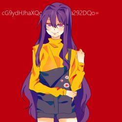 Rule 34 | 1girl, doki doki literature club, eyebrows, hair ornament, hairpin, highres, jewelry, long hair, matching hair/eyes, purple eyes, purple hair, shirt, shorts, simple background, smile, solo, suspenders, sweater, yuri (doki doki literature club)