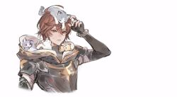 Rule 34 | 1boy, ahoge, animal, animal on head, animal on shoulder, arm up, armor, bishounen, breastplate, brown hair, cat, cat on head, cat on shoulder, commentary, commentary request, cowboy shot, fingerless gloves, gloves, granblue fantasy, hair between eyes, hood, hood down, light frown, looking up, minaba hideo, multiple cats, official art, on head, red eyes, sandalphon (granblue fantasy), shoulder armor, sketch, sweatdrop, upper body, white background