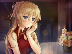 Rule 34 | 10s, 1girl, blind, blonde hair, blue eyes, candle, china dress, chinese clothes, dress, hair ornament, hairpin, katawa shoujo, satou lilly, solo