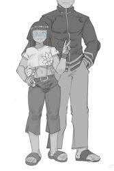 Rule 34 | 1boy, 1girl, 2023, ac120, aged up, belt, belt buckle, blue eyes, blunt bangs, boruto: naruto next generations, boruto: two blue vortex, bracelet, breasts, buckle, crop top, dated, facial mark, father and daughter, floral print, full body, grin, hand in pocket, hand on another&#039;s hip, hand on own hip, highres, jewelry, large breasts, long hair, long sleeves, looking at viewer, midriff, monochrome, naruto (series), navel, sandals, simple background, smile, solo focus, spot color, standing, teeth, toes, uzumaki himawari, uzumaki naruto, v, whisker markings, white background