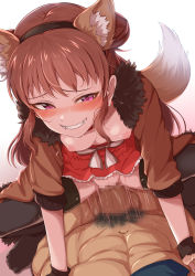 Rule 34 | 1boy, 1girl, animal ear fluff, animal ears, arm support, assertive female, black thighhighs, blush, breasts, brown coat, brown hair, censored, coat, double bun, fake animal ears, fangs, fur-trimmed coat, fur trim, girl on top, grin, hair bun, hetero, idolmaster, idolmaster cinderella girls, leaning forward, looking at viewer, male pubic hair, morino shoutarou, mosaic censoring, munakata atsumi, naughty face, nipples, no panties, open clothes, open coat, pov, pubic hair, purple eyes, red skirt, sex, sidelocks, skirt, small breasts, smile, squatting cowgirl position, tail, thighhighs, tsurime, vaginal, wolf ears, wolf tail