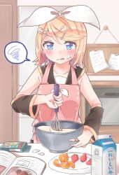 Rule 34 | 1girl, apron, arm warmers, bandaid, bandaid on hand, bare shoulders, black collar, black legwear, blonde hair, blue eyes, blush, board, book, bow, bow print, box, collar, commentary, cookbook, cream, cream on face, food, food on face, fruit, hair bow, hair ornament, hairclip, highres, holding, holding whisk, indoors, kagamine rin, kitchen, milk, mixing, mixing bowl, orange (fruit), oven, plate, sailor collar, school uniform, shirt, short hair, solo, speech bubble, squiggle, strawberry, swept bangs, tatibanamarin, upper body, vocaloid, whisk, white bow, white shirt
