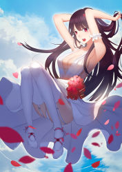 Rule 34 | 1girl, absurdres, arm garter, armpits, arms up, ass, baliu, blue sky, blush, bouquet, breasts, bride, cleavage, cloud, collarbone, day, dress, floating, floating hair, flower, garter straps, girls&#039; frontline, hair flower, hair ornament, hair ribbon, half updo, hand in own hair, high heels, highres, large breasts, long hair, looking at viewer, no bra, one side up, open mouth, outdoors, panties, petals, pumps, purple hair, red eyes, ribbon, sideboob, sidelocks, sky, solo, thighhighs, thighs, underwear, very long hair, wa2000 (girls&#039; frontline), wedding dress, white dress, white footwear, white panties, white thighhighs, wind, wind lift