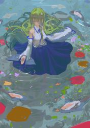 Rule 34 | 1girl, 38 (sanjuuhachi), afloat, blue skirt, blunt bangs, breasts, closed eyes, closed mouth, collared vest, detached sleeves, fish, frog hair ornament, from above, green hair, green skirt, hair ornament, hair tubes, highres, in water, kochiya sanae, koi, lily pad, long hair, medium breasts, nontraditional miko, skirt, solo, touhou, very long hair, vest, white vest