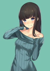 Rule 34 | 1girl, :d, aqua background, aqua theme, black hair, blue eyes, blunt bangs, blush, breasts, collarbone, covered erect nipples, eyebrows, grin, head tilt, highres, kagematsuri, long hair, long sleeves, looking at viewer, off-shoulder, off-shoulder sweater, off shoulder, open mouth, original, ribbed sweater, simple background, small breasts, smile, solo, sweater, teeth, turquoise (color), upper body