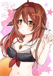 Rule 34 | 1girl, 9610 (kuroto), ahoge, bikini, black bikini, breasts, brown eyes, brown hair, cleavage, closed mouth, dated, hair flaps, hairband, highres, index finger raised, kantai collection, large breasts, looking at viewer, red hairband, shiratsuyu (kancolle), shiratsuyu kai ni (kancolle), short hair, solo, swimsuit, upper body, whistle, whistle around neck