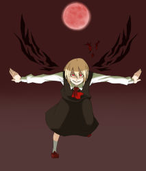 Rule 34 | 1girl, bad id, bad pixiv id, blonde hair, darkness, embodiment of scarlet devil, ex-rumia, female focus, full body, moon, outdoors, red eyes, red moon, rumia, short hair, sky, solo, torinone, touhou, wings