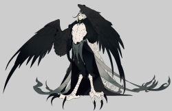 Rule 34 | 1boy, animal feet, ashiya douman (fate), asymmetrical hair, bird legs, bird tail, bird wings, black feathers, black hair, black headwear, black sclera, black wings, colored sclera, curly hair, digitigrade, earrings, fate/grand order, fate (series), feathers, flat color, full body, grey background, grey feathers, grin, hand up, harpy boy, head tilt, jewelry, kaifei (kaifei 29), long hair, looking at viewer, magatama, magatama earrings, male focus, monster boy, multicolored hair, no pupils, onmyouji, pectorals, pointy ears, simple background, smile, solo, split-color hair, standing, tail, talons, toned, toned male, very long hair, white hair, white headwear, winged arms, wings