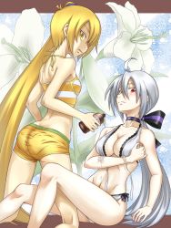 Rule 34 | 2girls, akita neru, bikini, blonde hair, bottle, breasts, cleavage, flower, front-tie top, large breasts, lily (flower), long hair, lotion, multiple girls, ponytail, project diva, project diva (series), project diva 2nd, red eyes, shorts, side-tie bikini bottom, silver hair, sukua, sunscreen, swimsuit, tk28, untied, vocaloid, yellow eyes, yowane haku
