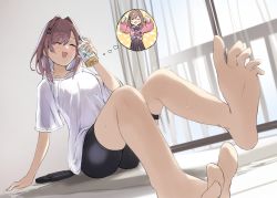 Rule 34 | 1girl, alternate costume, bare legs, barefoot, bike shorts, black shorts, black skirt, blush, breasts, brown hair, closed eyes, curtains, day, drink, feet, flexing, ganesagi, hair ornament, highres, imagining, indoors, medium breasts, medium hair, multiple views, nail polish, nijisanji, open mouth, pink nails, pink sweater, ring fit adventure, shirt, short shorts, short sleeves, shorts, sitting, skirt, smile, soles, spoken character, striped clothes, striped skirt, suzuhara lulu, sweat, sweater, t-shirt, tea, thigh strap, thighs, thought bubble, virtual youtuber, white shirt, window, x hair ornament